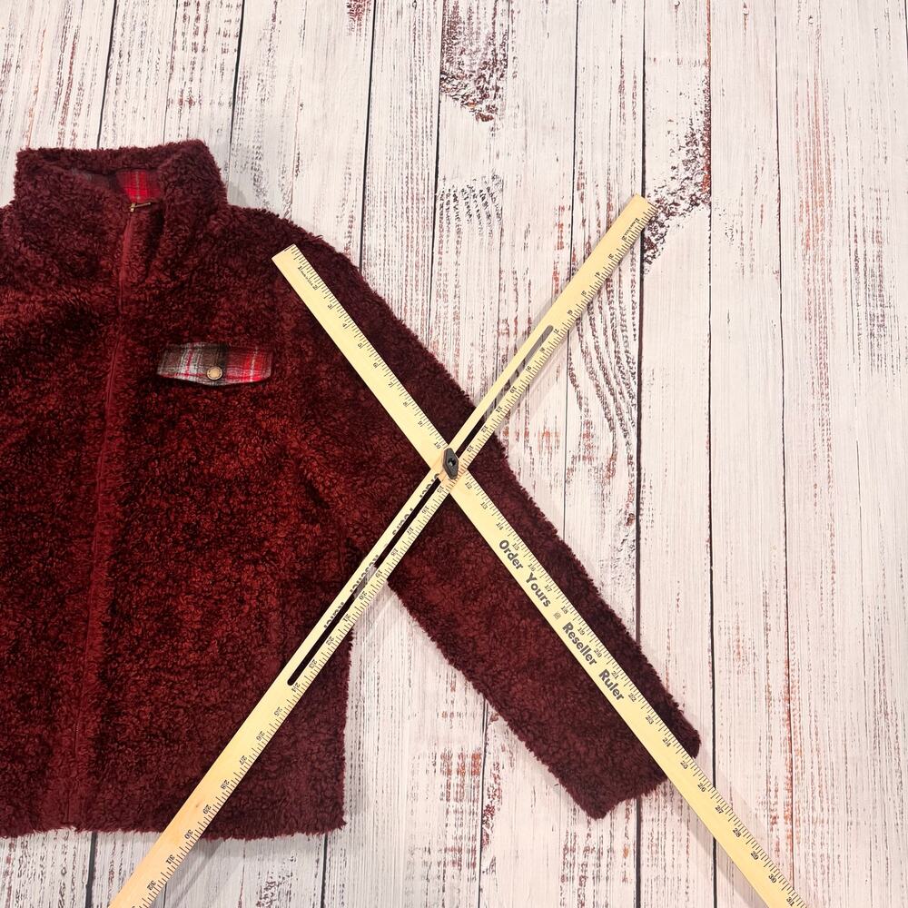 Pendleton Sherpa Teddy Fleece Jacket Burgundy Plaid Trim M - Picture 10 of 10
